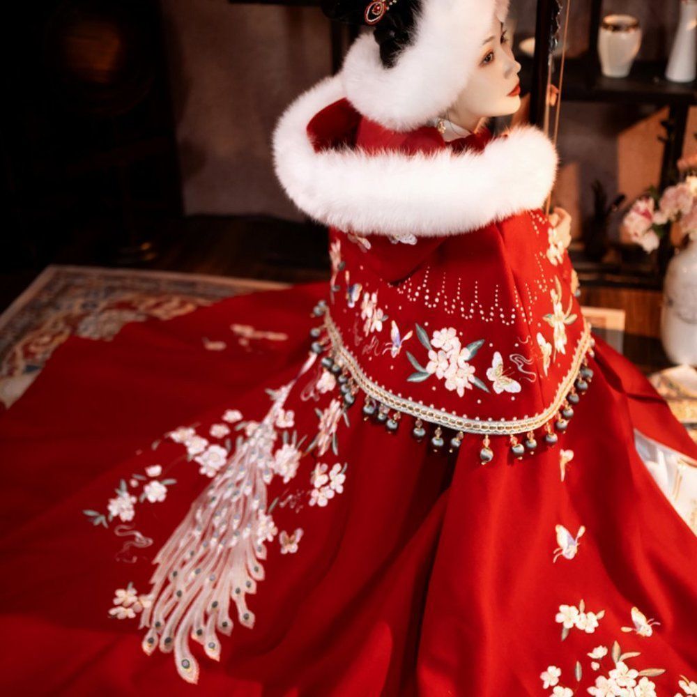 Fox Fur Hooded Cloak + Shawl and Floral Peacock Embroidery | Fleece Plush Cape